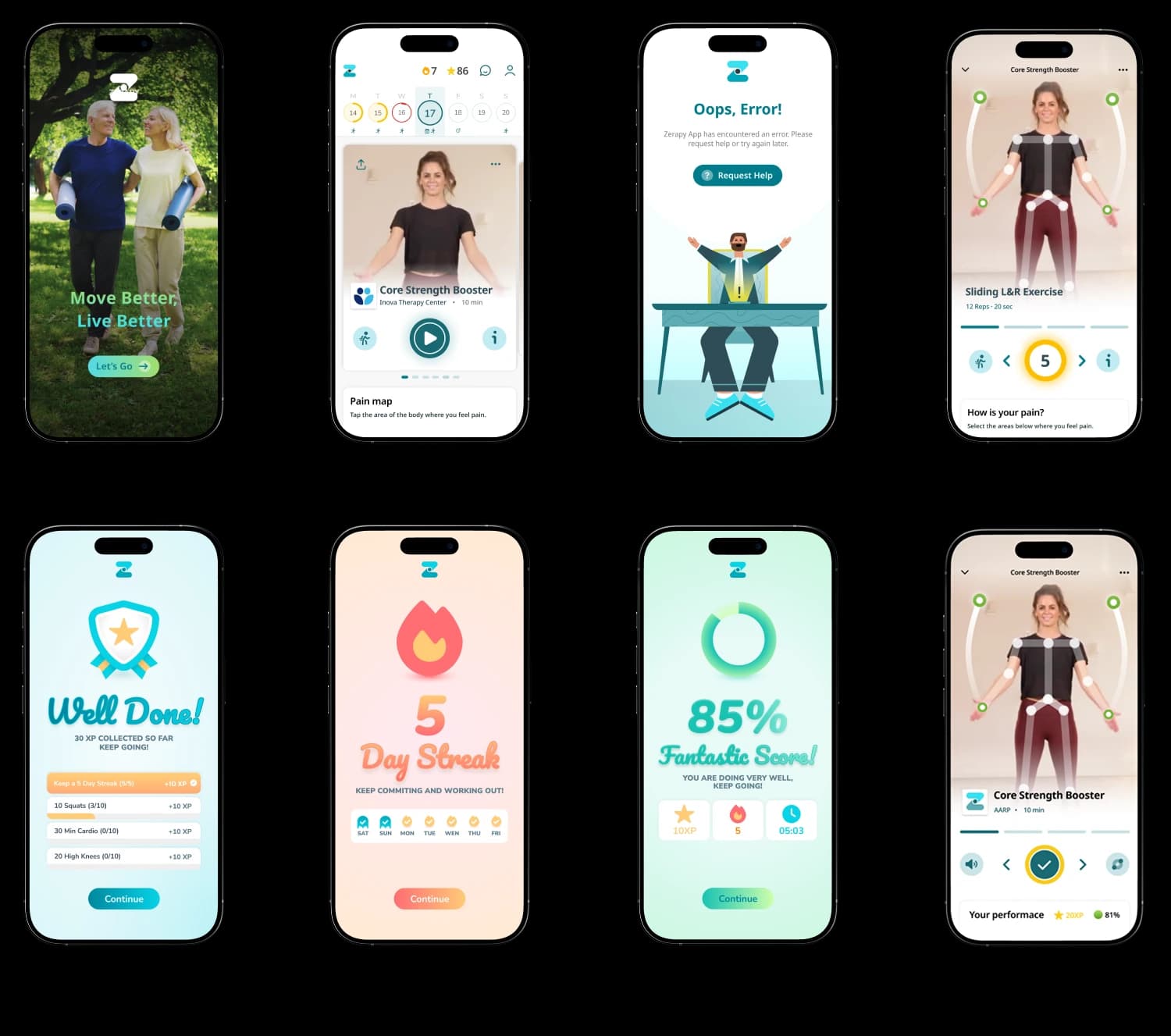 Zerapy mobile HEP and progress screens